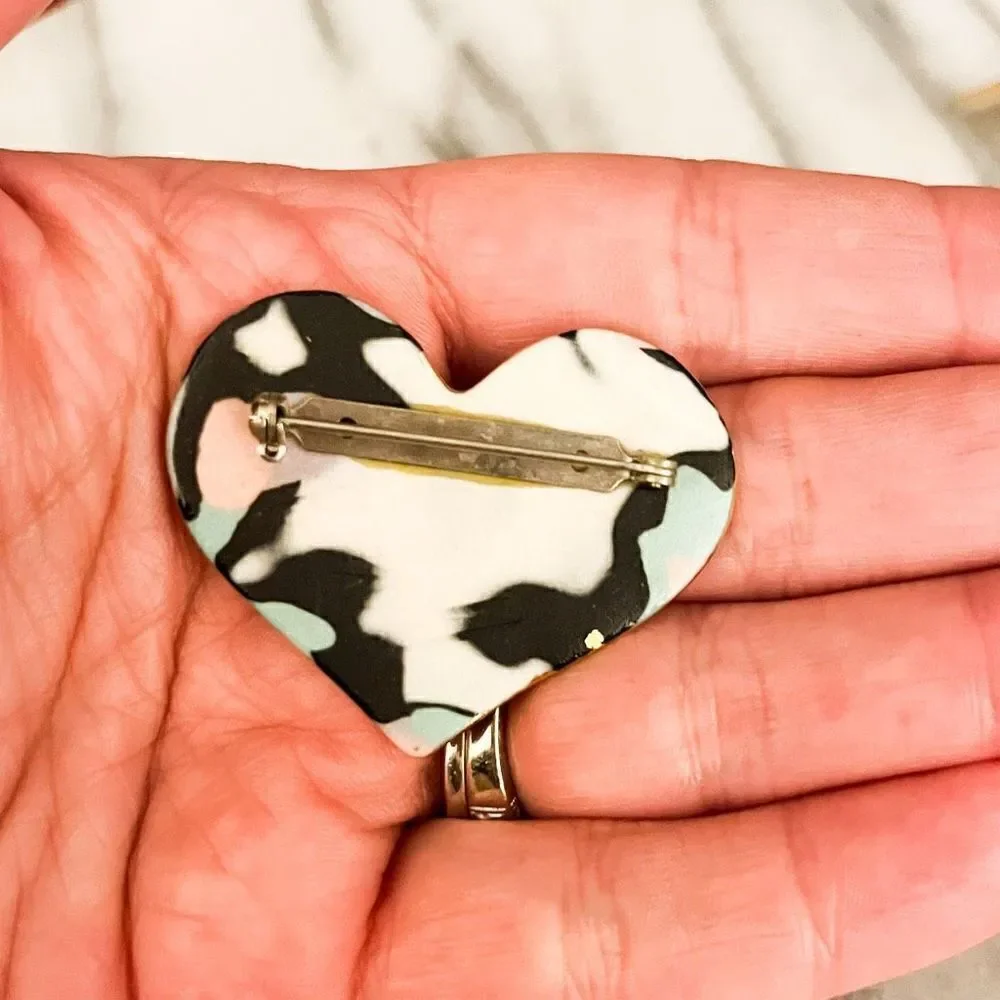 Vintage Cynthia Chuang Heart Brooch and Square‎ Earrings Set Ceramic Unsigned